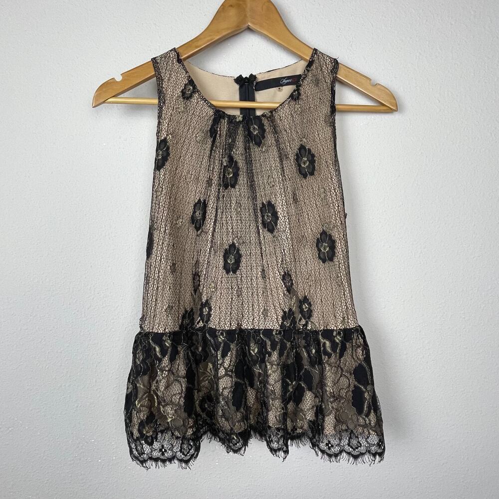 Sugar Lips Whimsigoth Fairy Lace Ruffle Hem Top Black Tan Floral Size M Zips